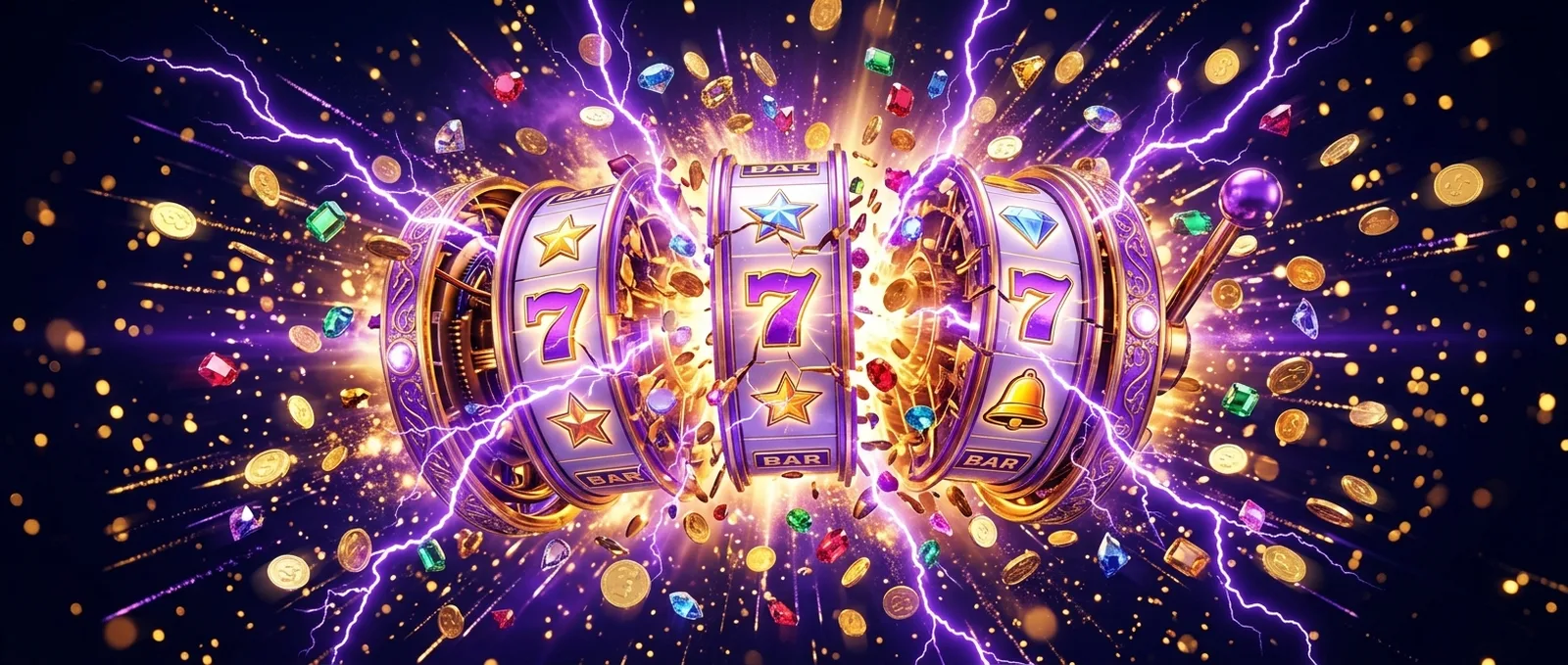 Boo casino slot reels exploding with gold coins, gems and violet lightning